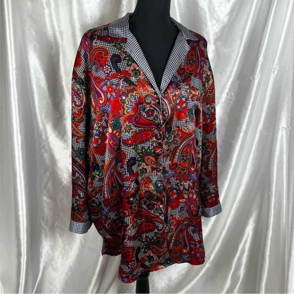 Vintage J.O. Intimates Satin Paisley Button-Up Shirt Colorful Blouse XL